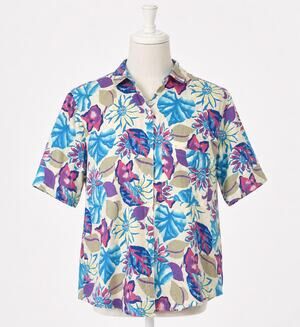 Cherokee Cotton Floral Button Down Shirt Blue and Purple Tropical Hawaiian
